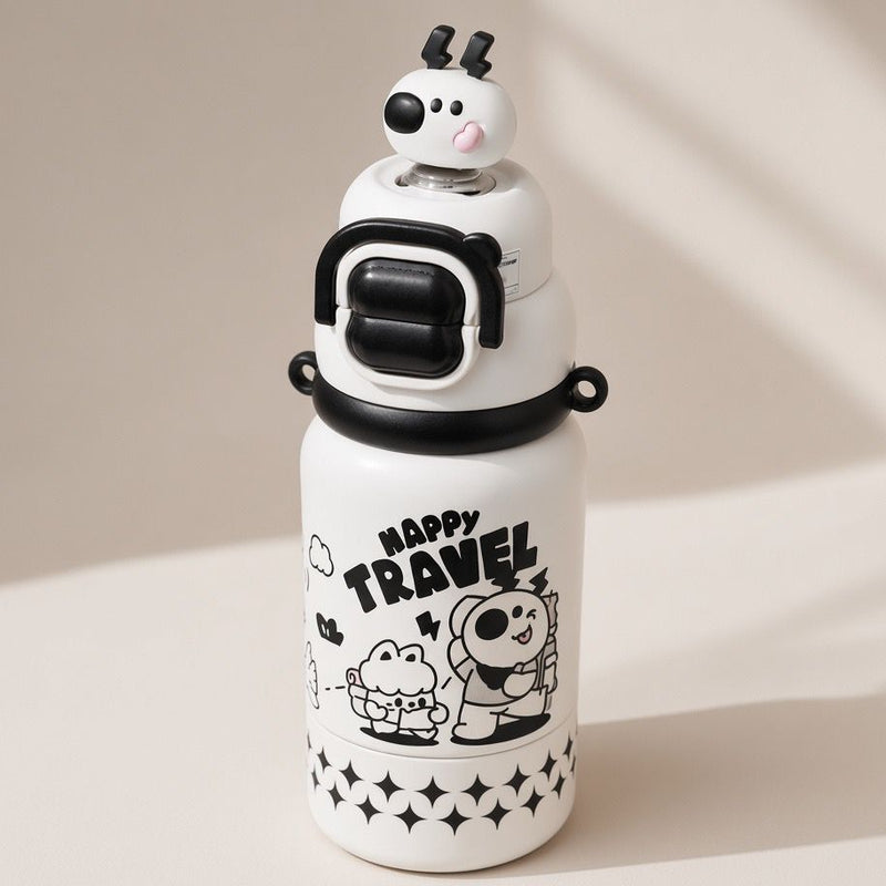 Kawaii "Happy Travel" Kids Water Bottle with Straw & Strap | Leak-Proof Insulated Flask