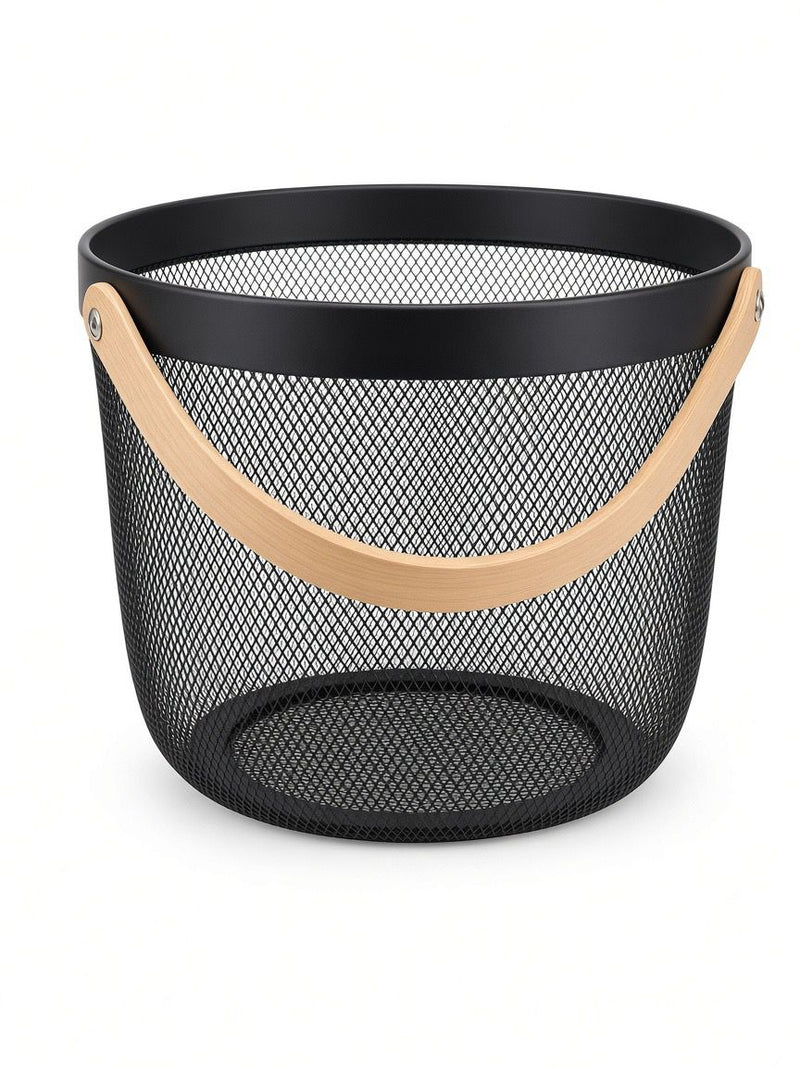 Nordic Round Steel Mesh Storage Caddy with Wooden Handle