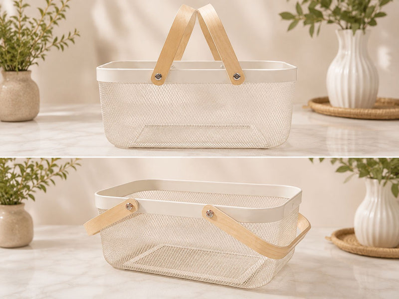 Rectangular Steel Wire Mesh Organizer Basket with Wooden Handles
