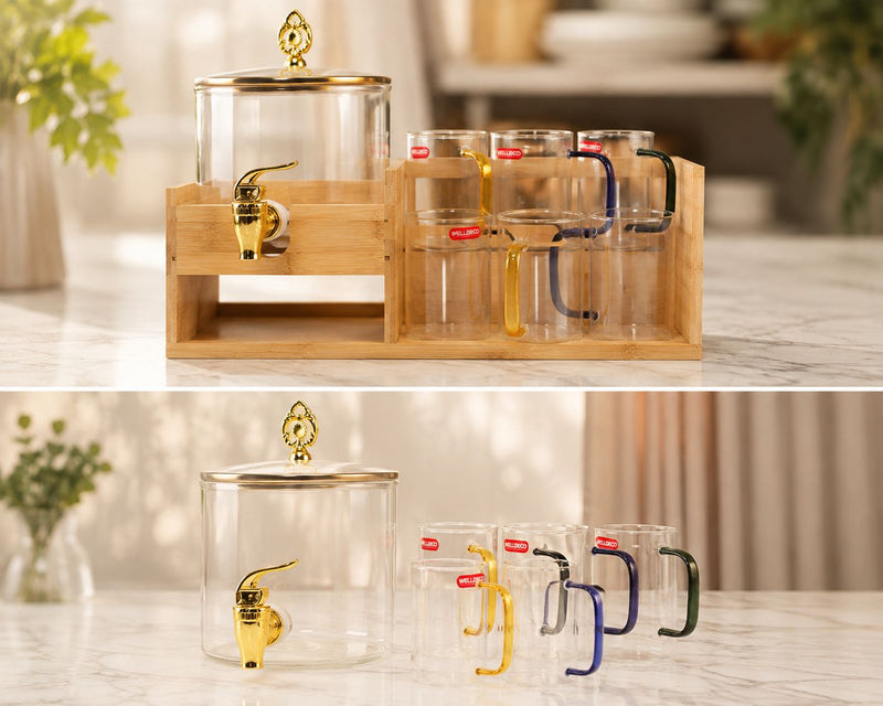 Glass Drink Dispenser with Matching Mugs & Wooden Stand