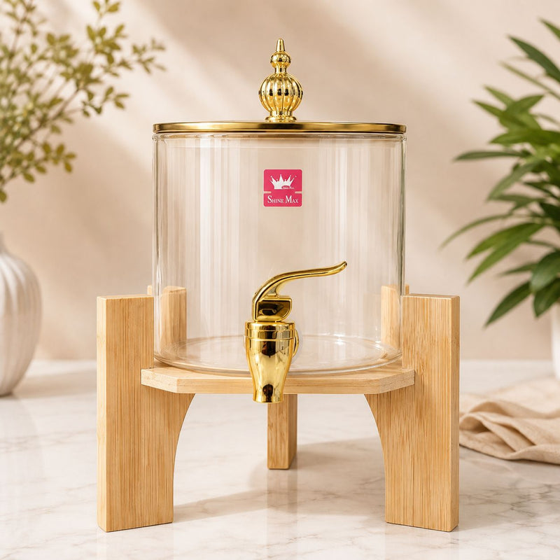 Glass Drink Dispenser with Gold Spigot & Elevated Wooden Stand